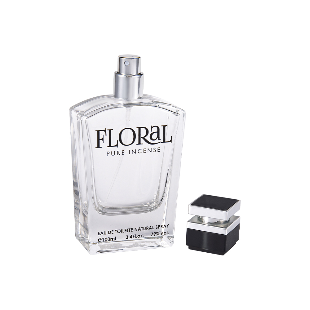 KY10-WJ2045 Flacon de parfum din sticlă transparentă de 50 ml cu capac negru imprimat și parte argintie UV