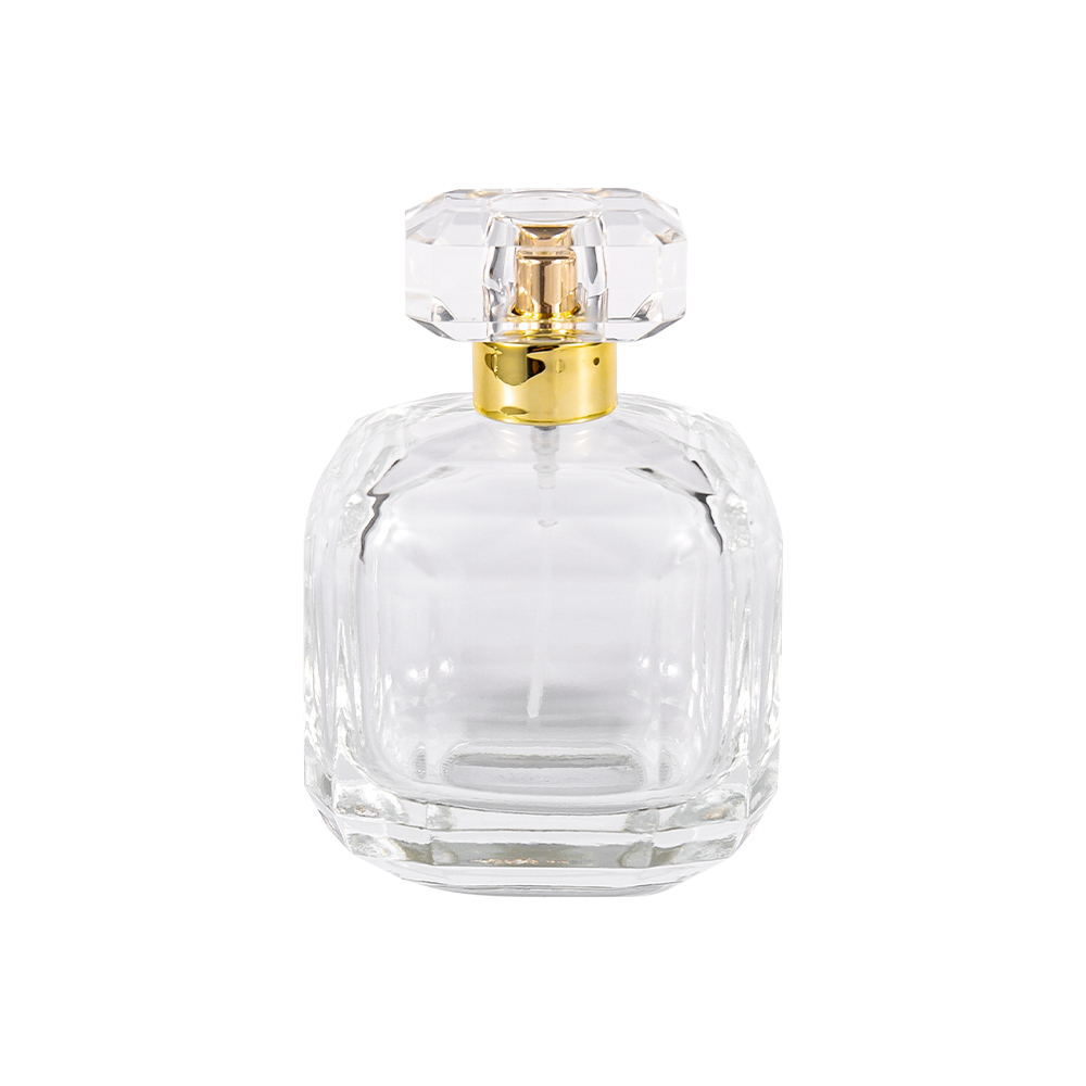GC3898-WJ2005 Flacon de parfum din sticlă transparentă de 100 ml, cu capac acrilic Surlyn și gât auriu strălucitor