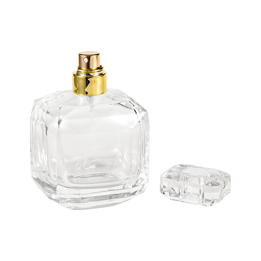 GC3898-WJ2005 Flacon de parfum din sticlă transparentă de 100 ml, cu capac acrilic Surlyn și gât auriu strălucitor