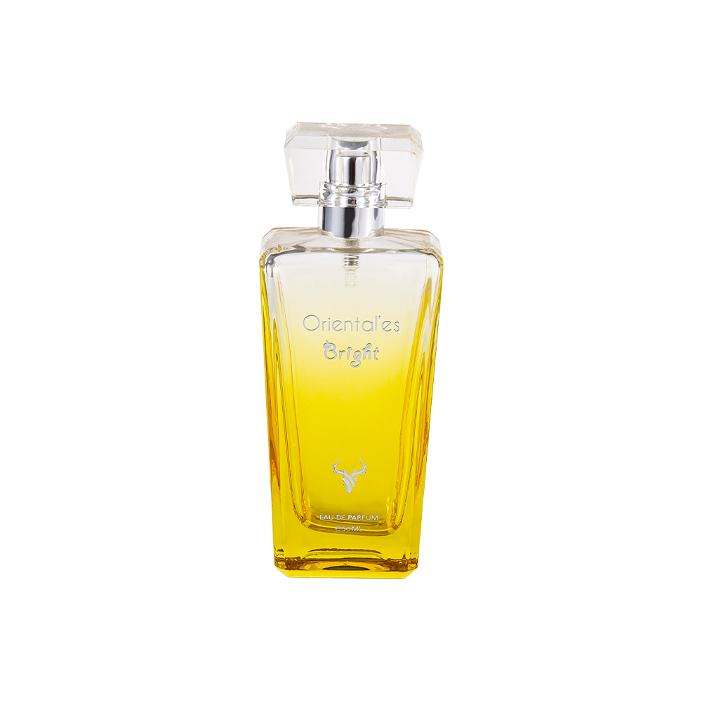 KY100-WJ64 Flacon de parfum din sticlă galbenă, acoperit cu gradient de 50 ml, cu capac transparent din rășină K