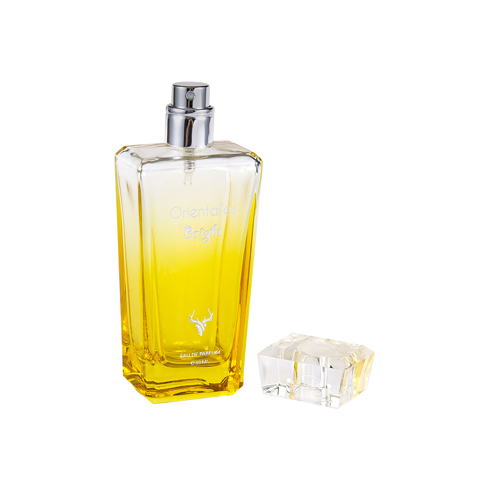 KY100-WJ64 Flacon de parfum din sticlă galbenă, acoperit cu gradient de 50 ml, cu capac transparent din rășină K