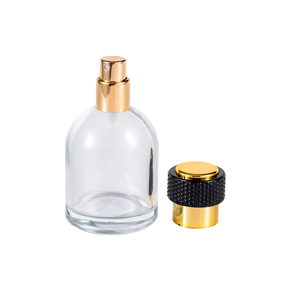 GC3986-WJ816 Flacon de parfum din sticlă transparentă de 50 ml cu capac din plastic auriu UV și parte neagră