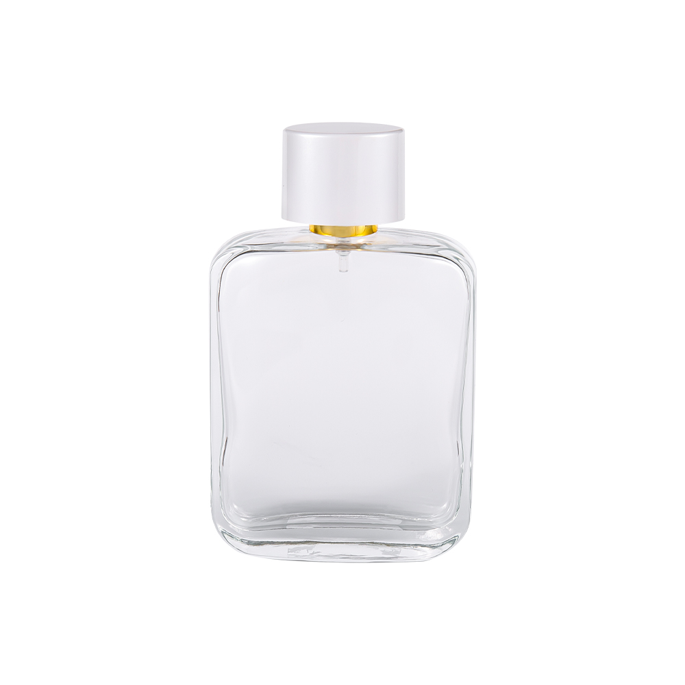 GC4840-WJ2162 Flacon de parfum din sticlă transparentă de 100 ml, cu capac din plastic PP alb strălucitor și căptușeală placată cu aur UV