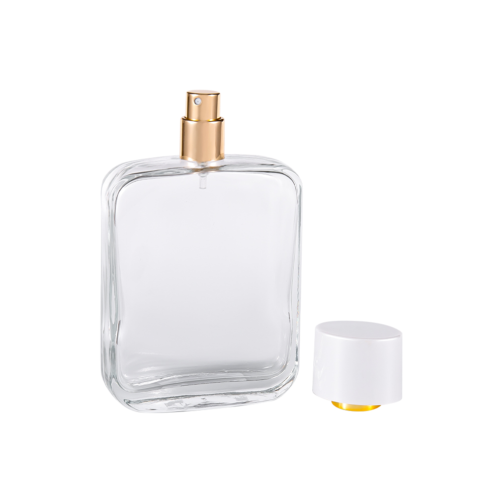 GC4840-WJ2162 Flacon de parfum din sticlă transparentă de 100 ml, cu capac din plastic PP alb strălucitor și căptușeală placată cu aur UV