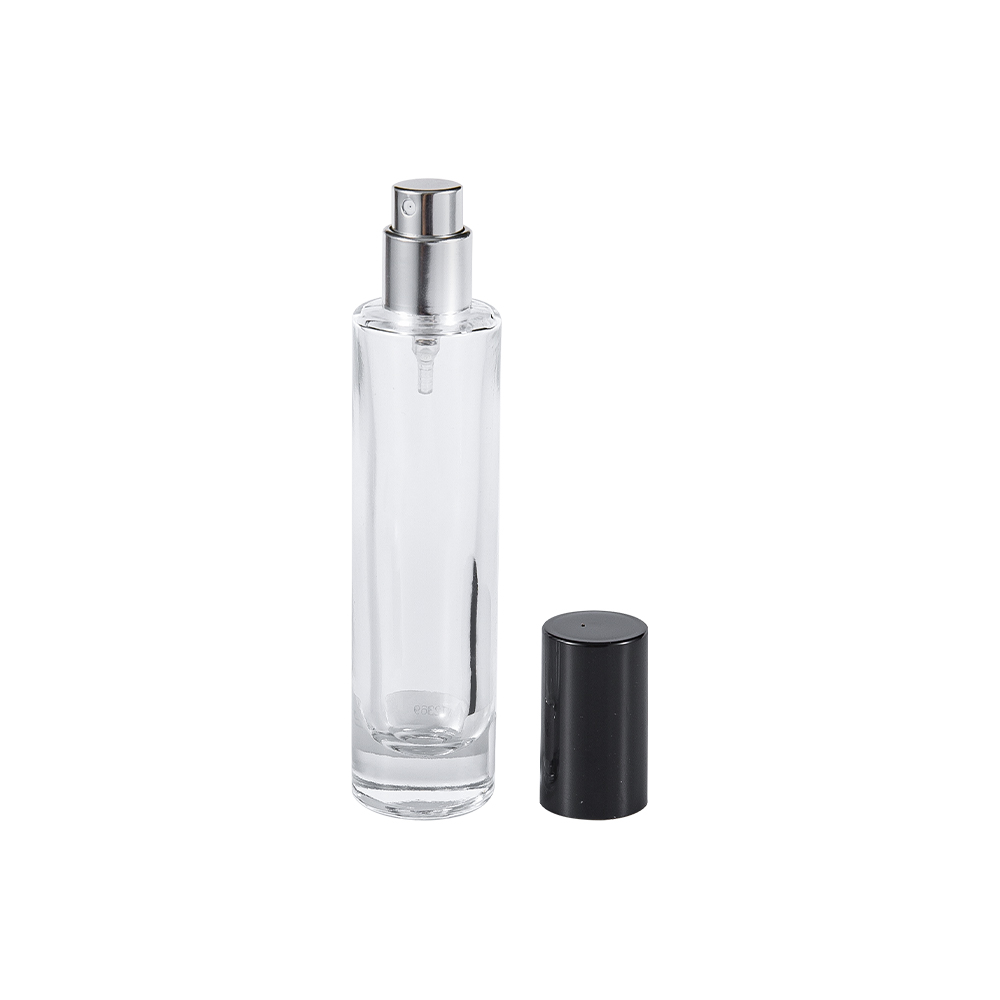 GC4423-WJ2369 Flacon de parfum din sticlă transparentă de 30 ml cu capac cilindric din PP negru lucios