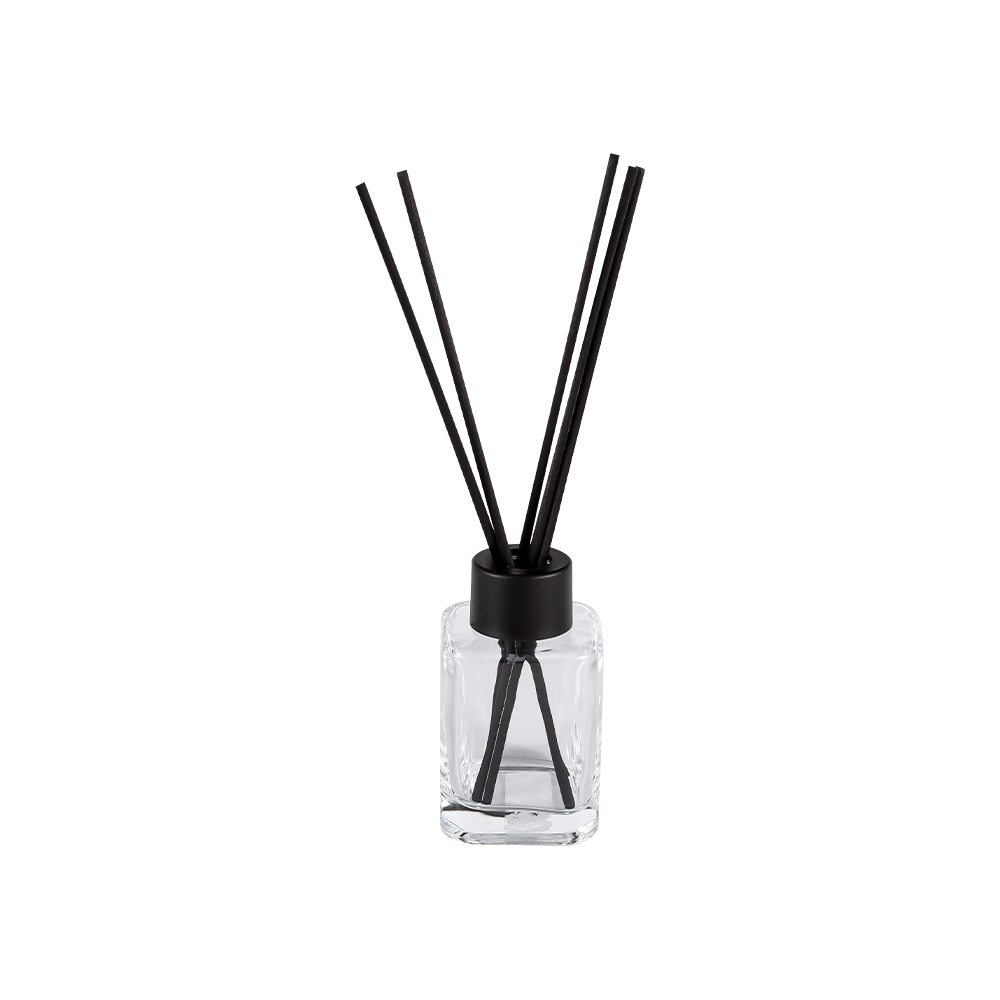 HJ-RX2248 Sticlă pătrată cu difuzor cu capac din plastic cu gât cu șurub și autocolant din fibră neagră mată