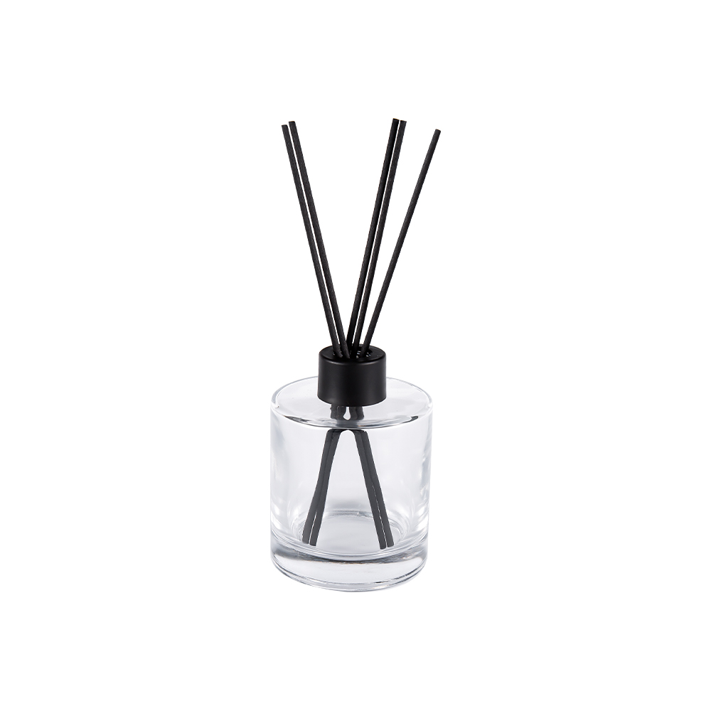 HJ-RX2109 Sticla cu difuzor din sticlă din silex cilindric Capac din plastic din aluminiu Autocolant din fibre de culoare