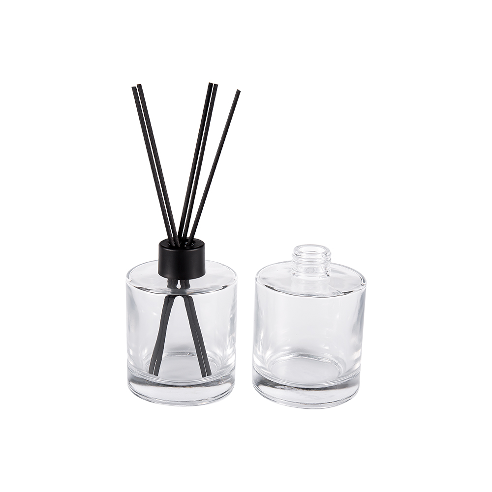 HJ-RX2109 Sticla cu difuzor din sticlă din silex cilindric Capac din plastic din aluminiu Autocolant din fibre de culoare