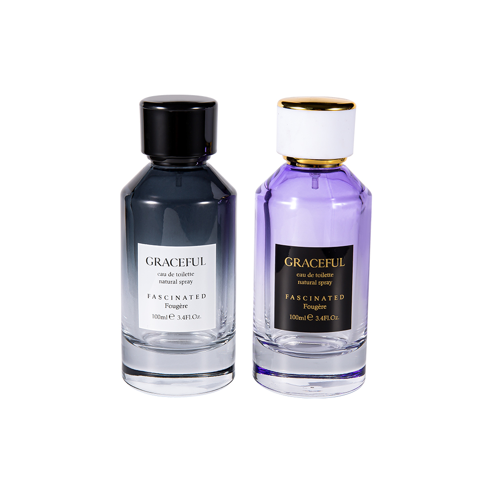 GC4418-WJ2098 Flacon de parfum din sticlă imprimată acoperită cu culoare de 100 ml cu capac din piele ABS din plastic și căptușeală UV PP