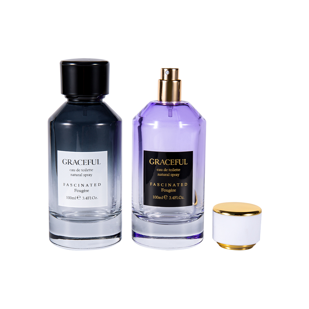 GC4418-WJ2098 Flacon de parfum din sticlă imprimată acoperită cu culoare de 100 ml cu capac din piele ABS din plastic și căptușeală UV PP