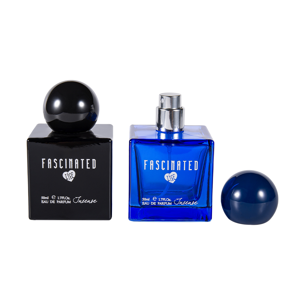 KY145-WJ2537 Flacon de parfum din sticlă cu imprimare color cub de 50 ml cu capac sferic din plastic UV