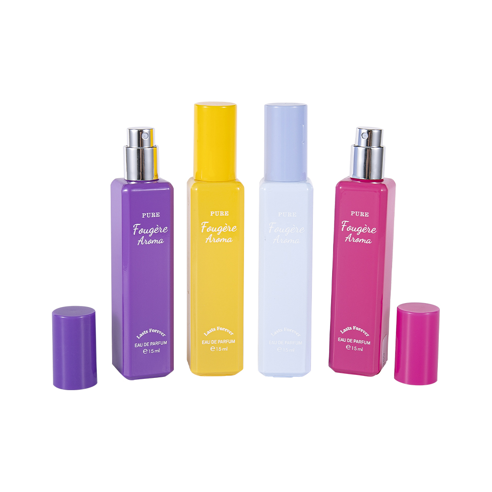 GC4222-WJ2369 Flacon de parfum din sticlă acoperită cu capacitate mică de 15 ml, cu capac colorat din plastic PP