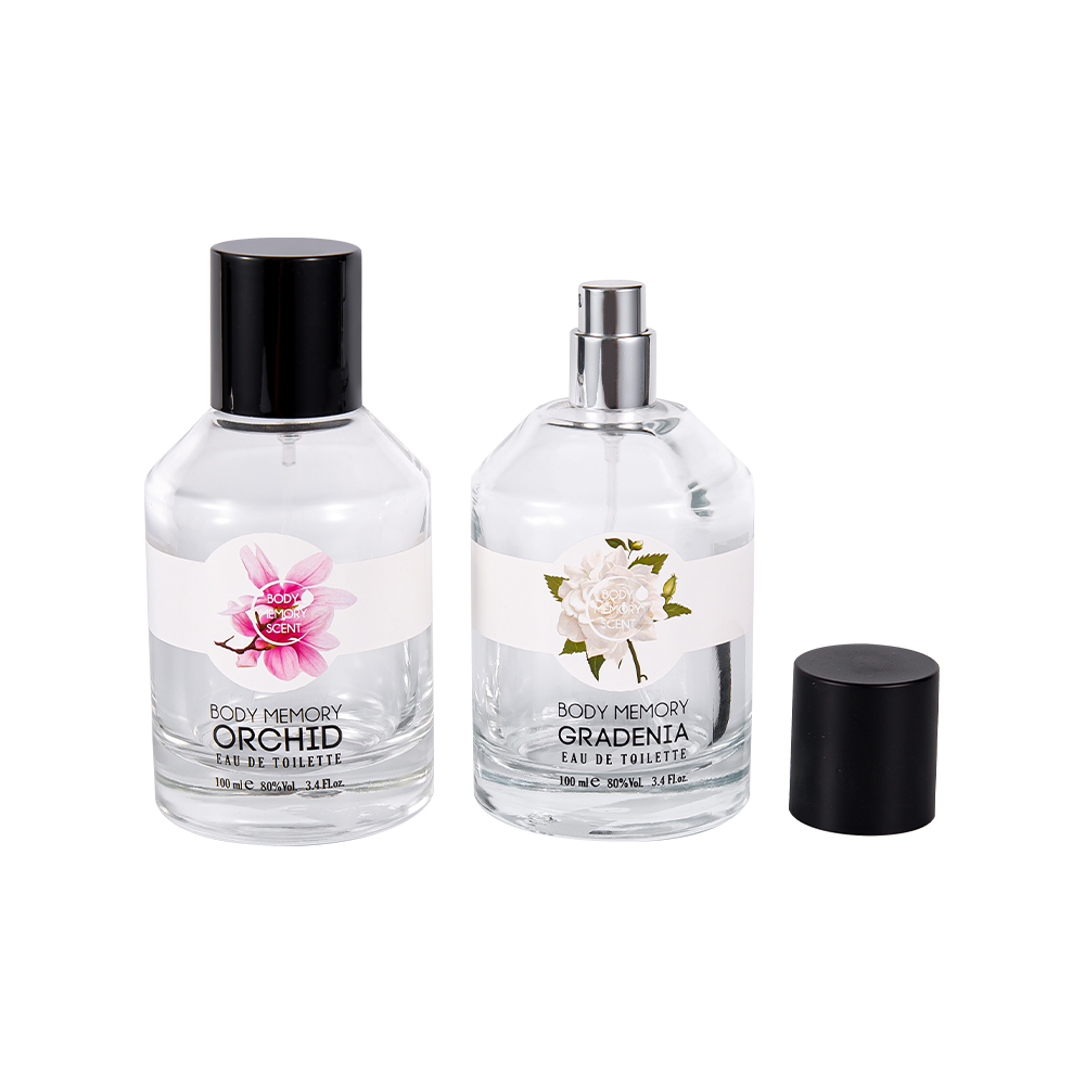 KY1603-WJ2388 Sticla de parfum din sticlă autocolant imprimat de 100 ml cu capac cilindric, negru, mat, lucios