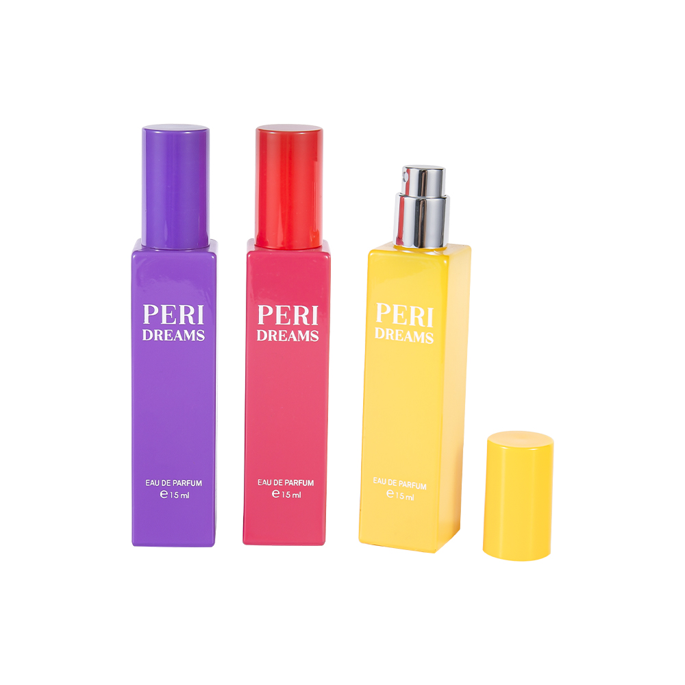 GC4421-WJ2369B Flacon de parfum de sticlă dreptunghiular acoperit cu capacitate mini de 15 ml, cu capac cilindric din PP