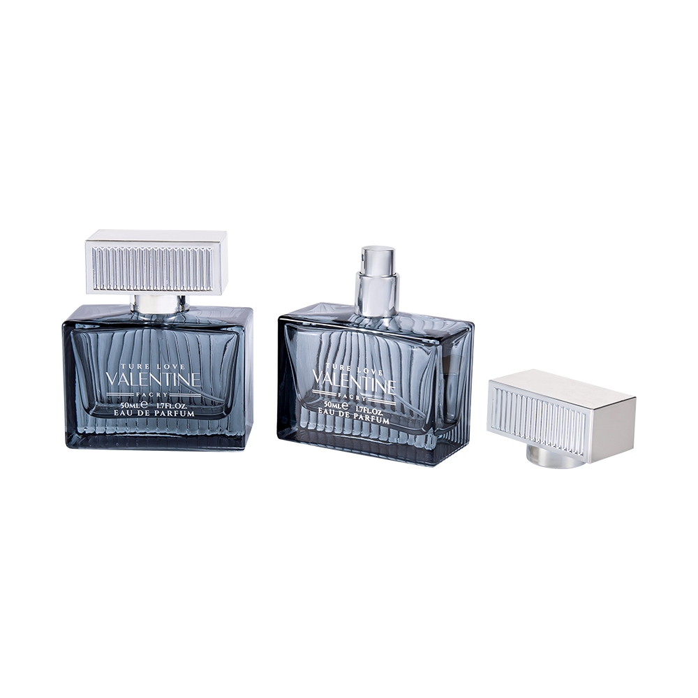 KY1111-WJ2092 Flacon de parfum de sticlă cu bandă verticală de 50 ml cu bandă de acoperire din plastic ABS UV