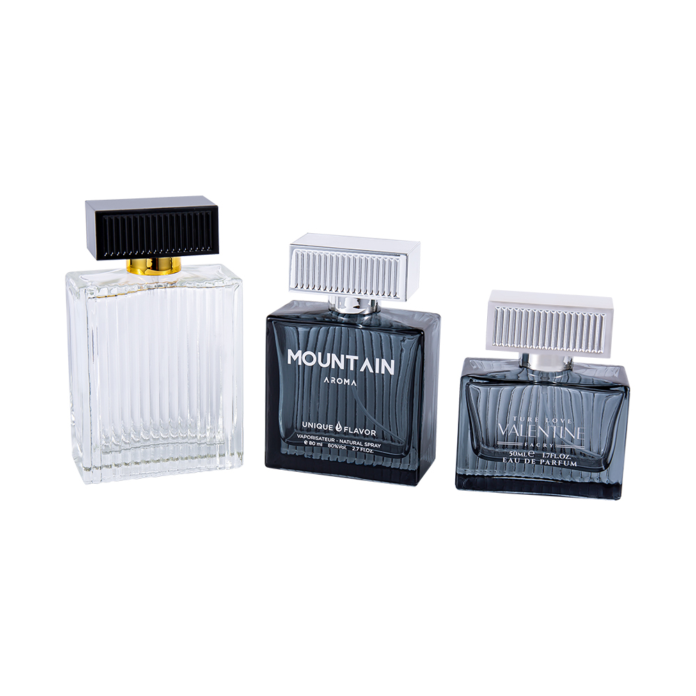 KY1111-WJ2092 Flacon de parfum de sticlă cu bandă verticală de 50 ml cu bandă de acoperire din plastic ABS UV