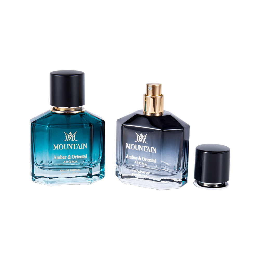 GC4030-WJ2099 Flacon de parfum din sticlă de 50 ml cu imprimare acoperită și bandă de imprimare la cald PP Abs Cap de parfum UV