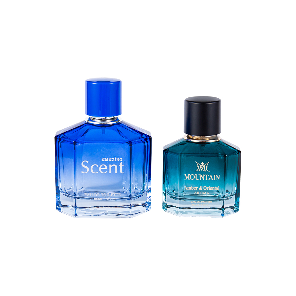 GC4030-WJ2099 Flacon de parfum din sticlă de 50 ml cu imprimare acoperită și bandă de imprimare la cald PP Abs Cap de parfum UV