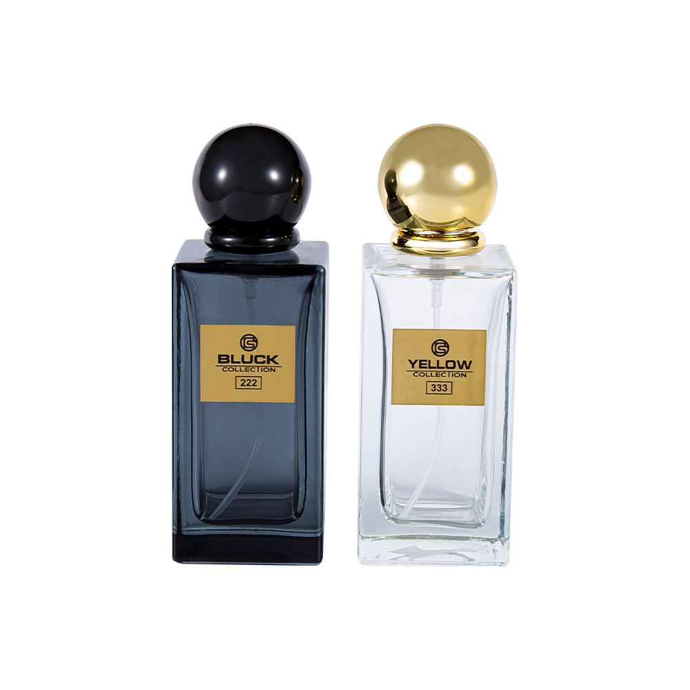 KY83-WJ2571 Flacon de parfum dreptunghiular din sticlă colorată de 50 ml cu capac UV auriu și negru, culoare specială